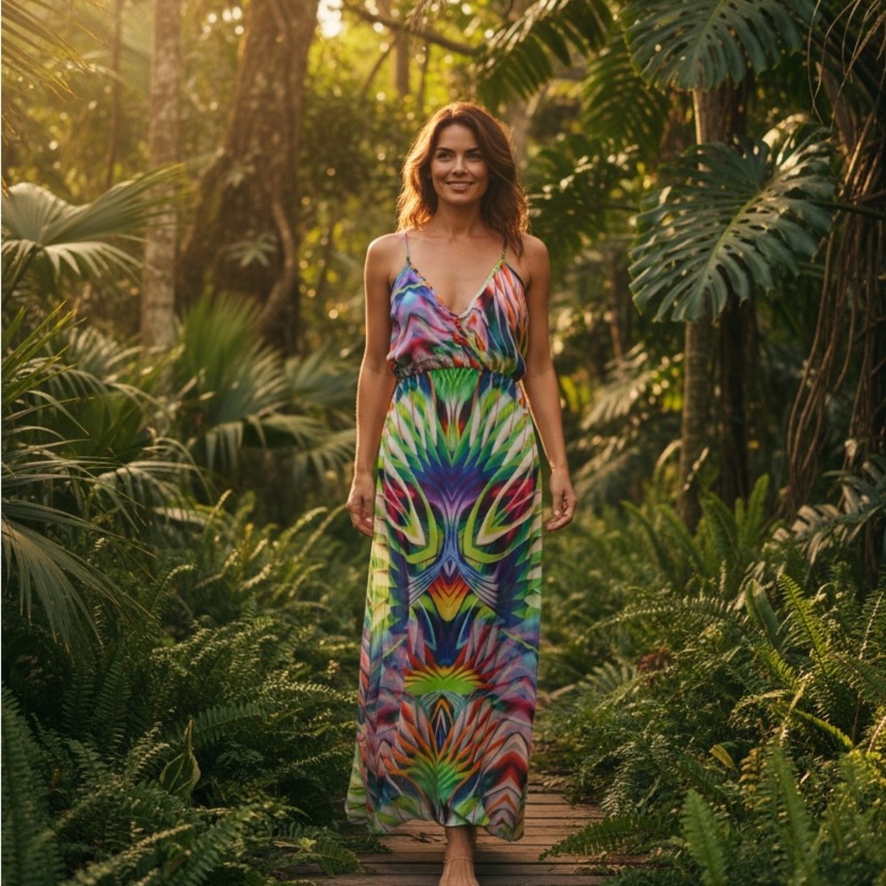 Colorful Tropical Maxi Dress Boho Flowing Summer Vacation Dress - Picture 2 of 4